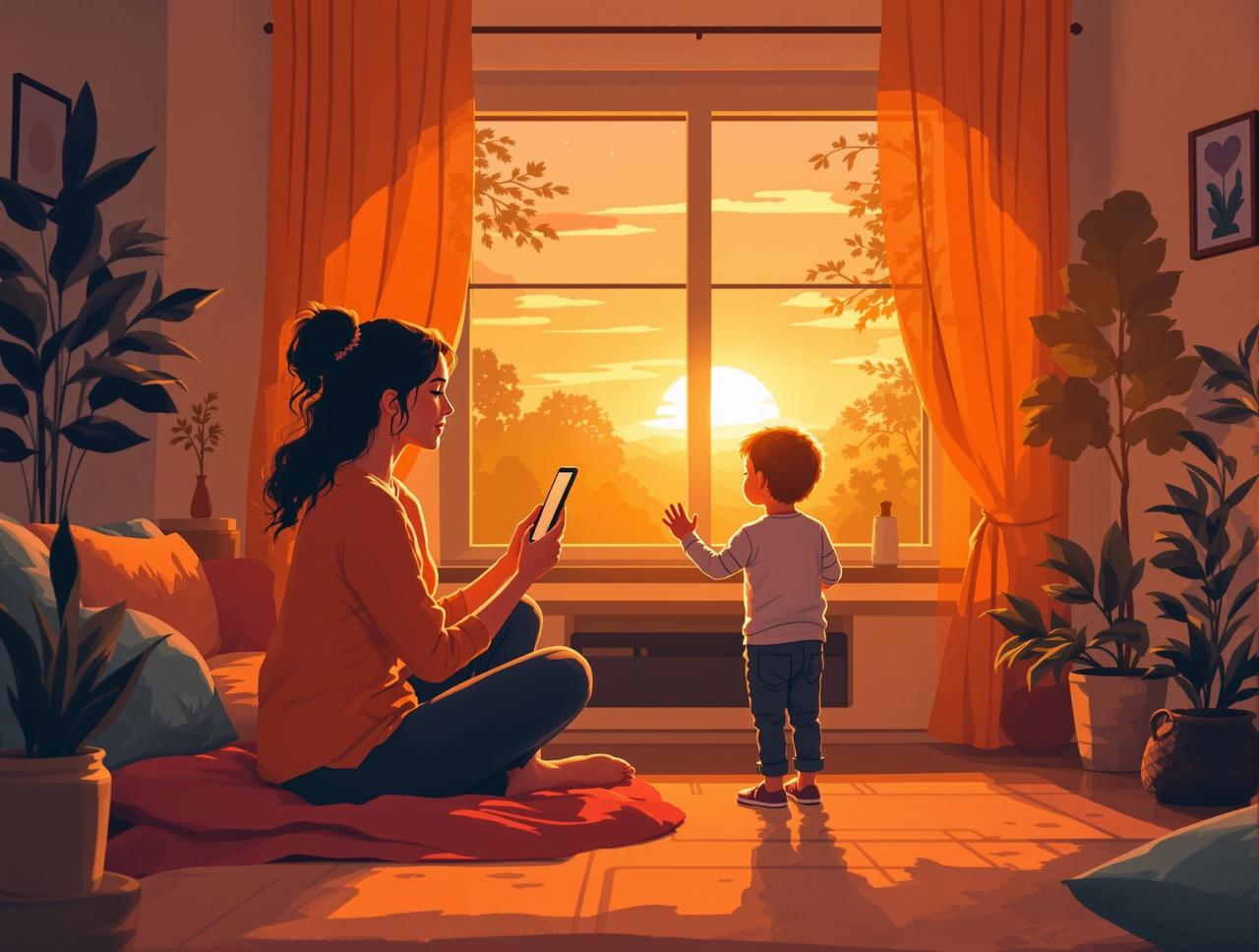 韩国短剧品牌故事 - 创始人李晨曦与孩子一起观看动画片的温暖时刻